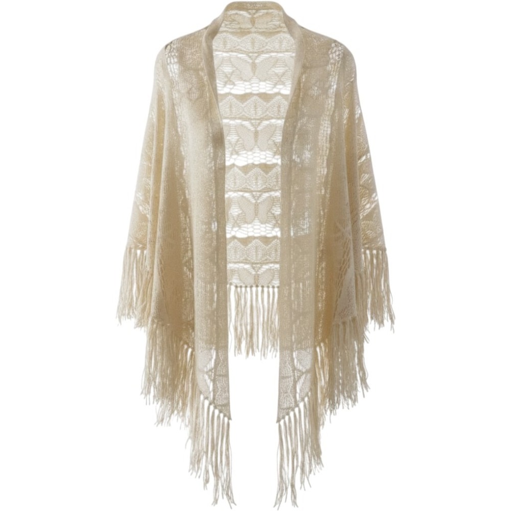 Vintage 70s 80s Ivory Crochet Butterfly Shawl Wrap Fringe Boho Hippie Festival